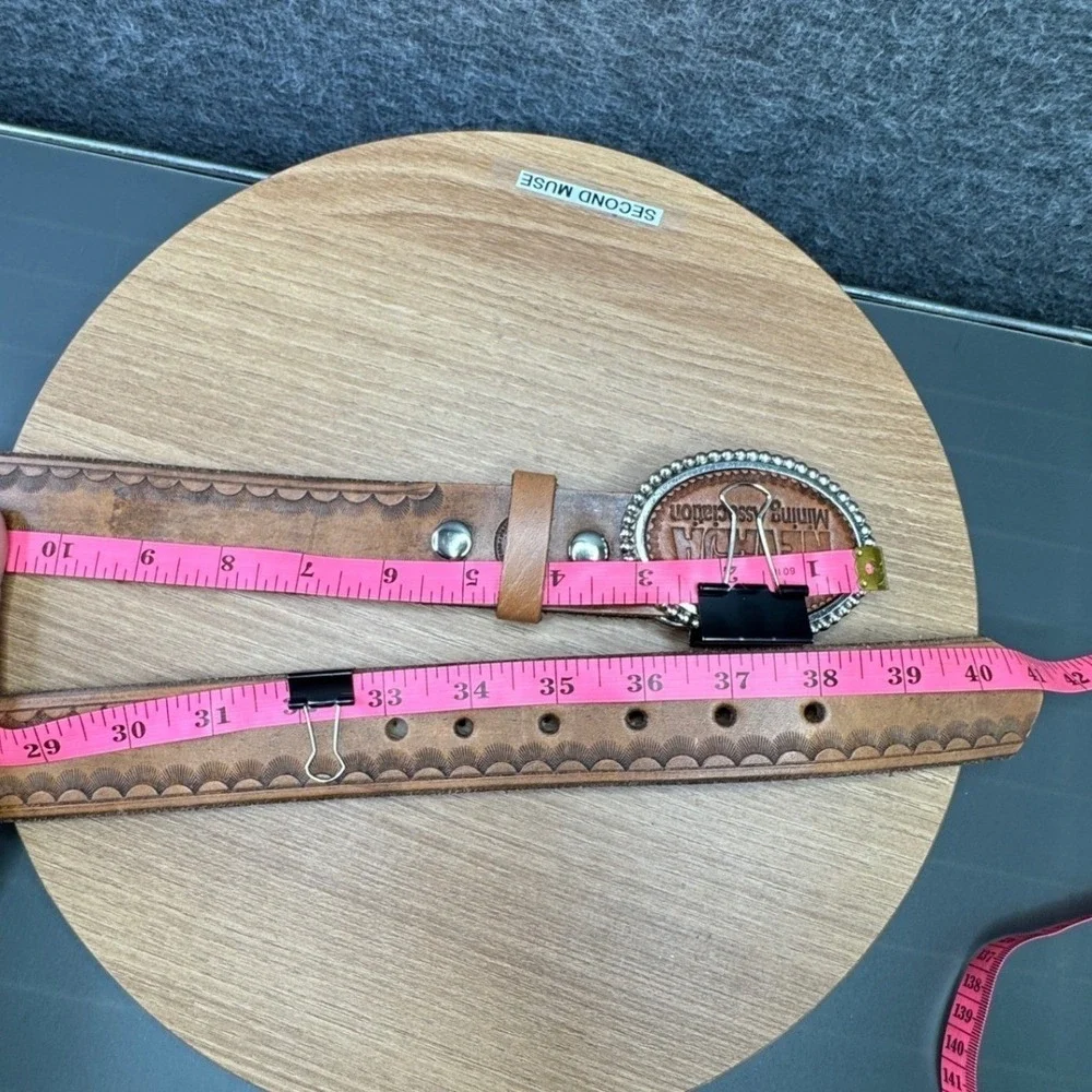 Vintage Nevada Mining Association Leather Belt Mens Size 36 Western Cowboy Ranch